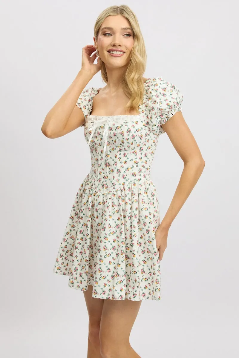 WrinkleFree Material White Ditsy Fit And Flare Dress Corset Detail Mini