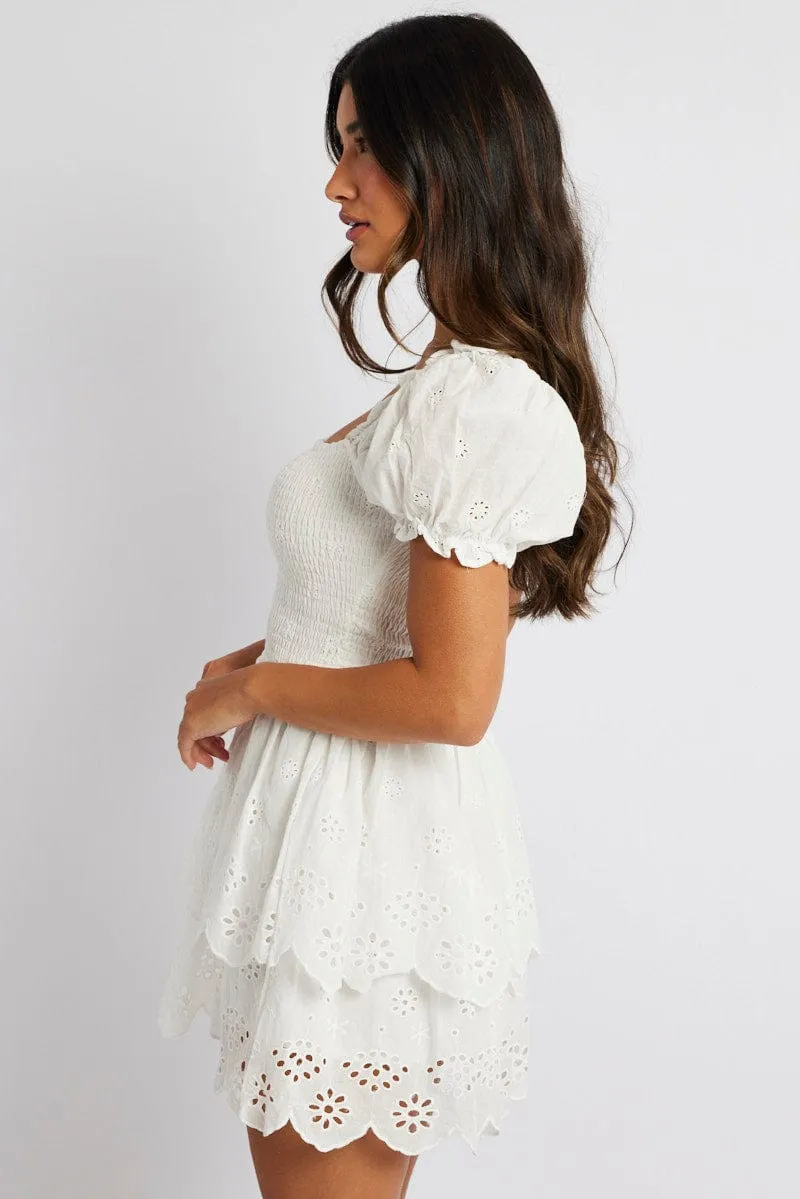 White Fit and Flare Dress Short Sleeve Embroidered Street Wear
