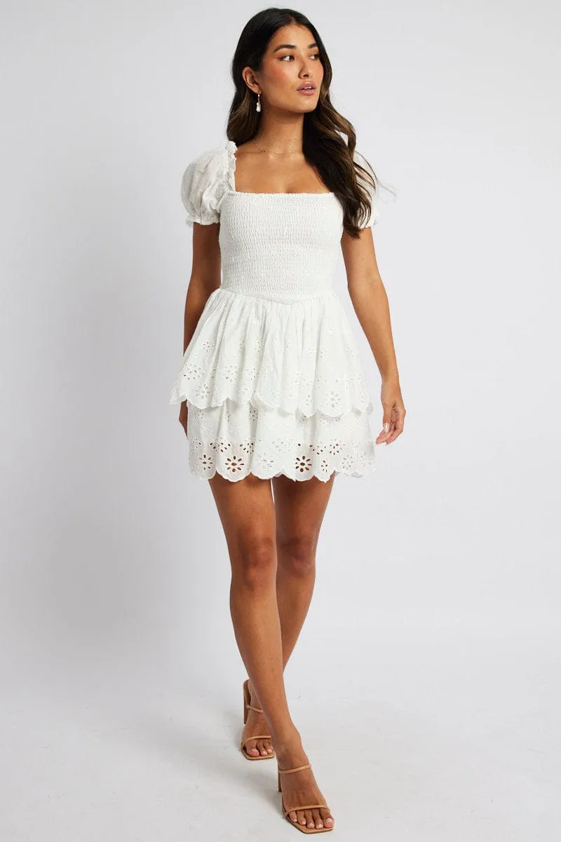StretchableMaterial Smooth Line White Fit and Flare Dress Short Sleeve Embroidered