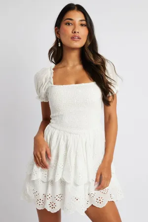White Fit and Flare Dress Short Sleeve Embroidered Summer Wear Urban Wear