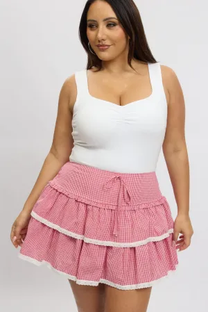 Adjustable Fastening Soft Outfit Red Check Ruffle Gingham Lace Trim Mini Skirt