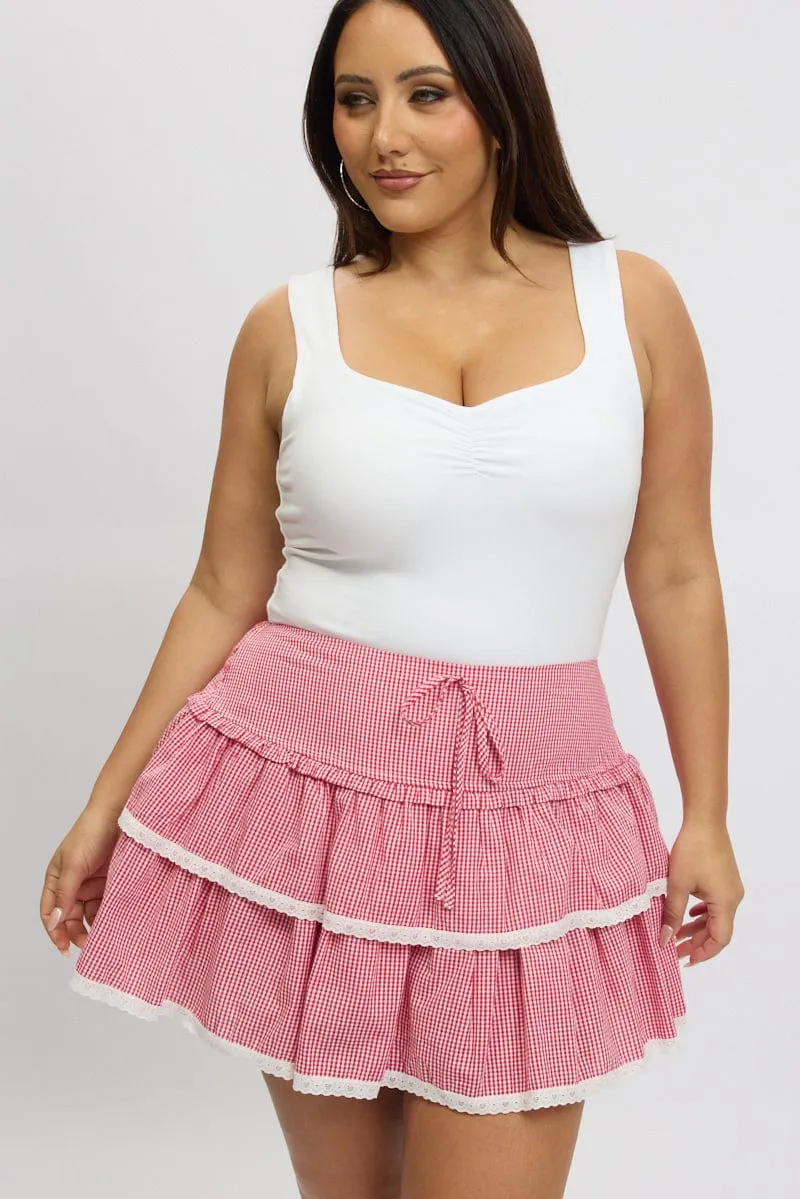 Adjustable Fastening Soft Outfit Red Check Ruffle Gingham Lace Trim Mini Skirt