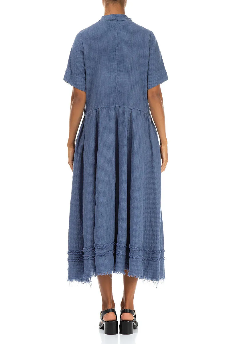 Peter Pan Collar Raw Hem Blue Nova Linen Dress Easy Care Cozy Knit