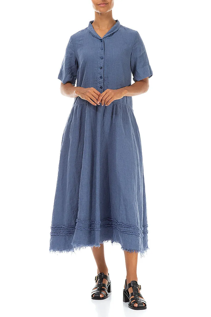 Peter Pan Collar Raw Hem Blue Nova Linen Dress Rain Proof