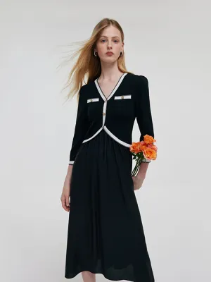 Winter Snow Korean Soft Contrast Trim Knitted Patchwork Women Midi Dress