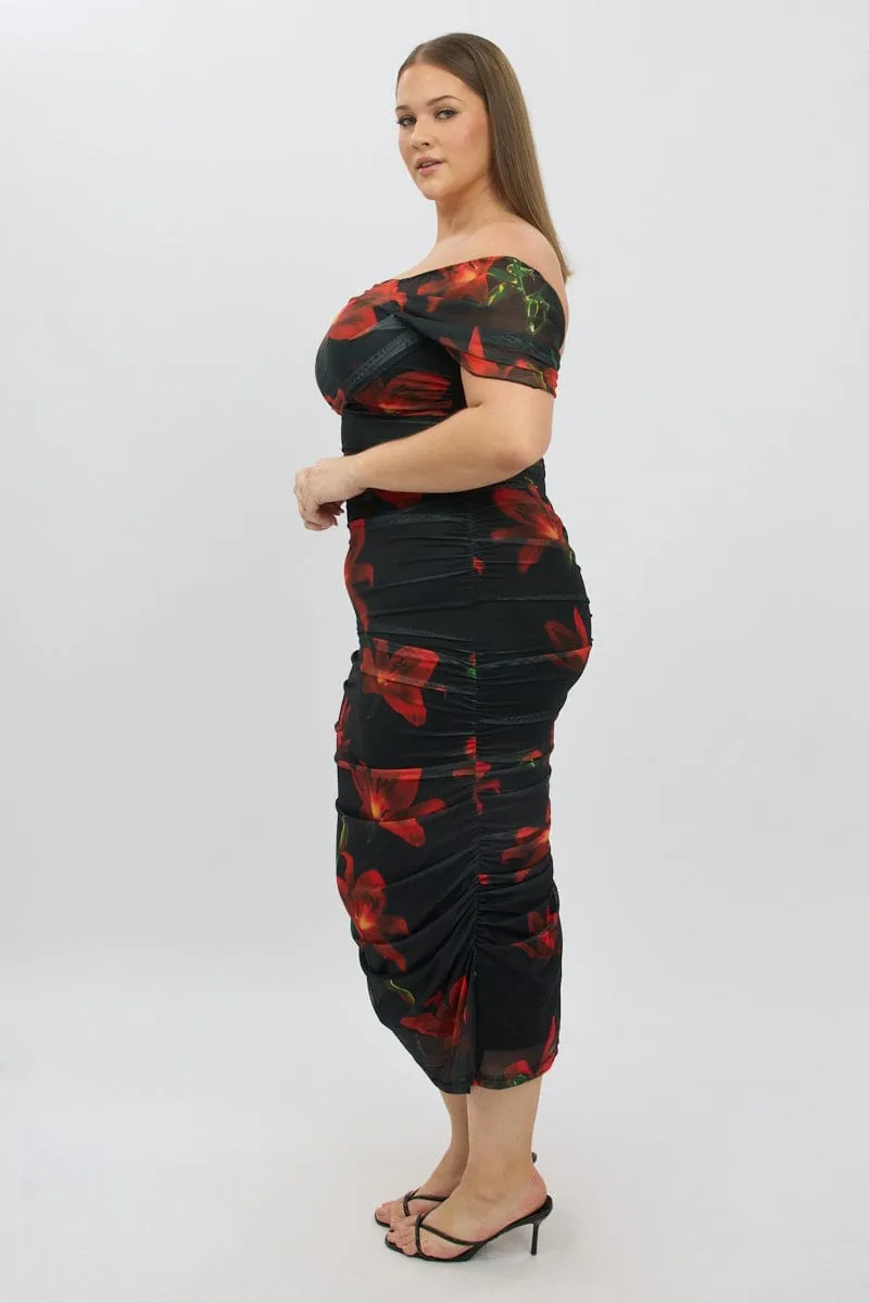 Red Floral Midi Dress Off Shoulder Ruched Mesh Fashionable Fit