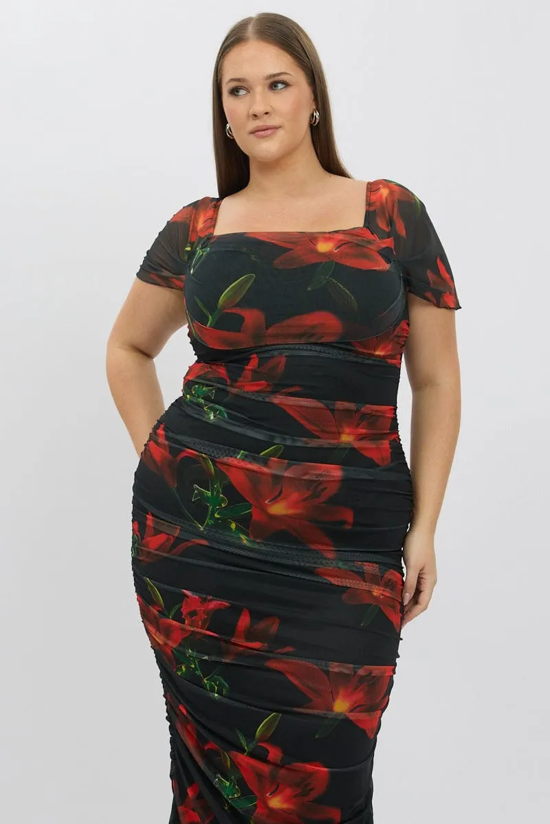 Red Floral Midi Dress Off Shoulder Ruched Mesh Breezy and lightweight midi