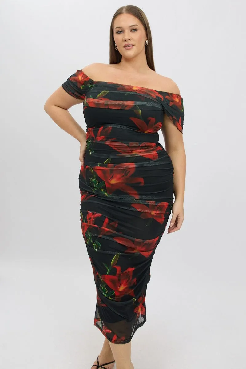 Red Floral Midi Dress Off Shoulder Ruched Mesh casual outing Cliff Edge