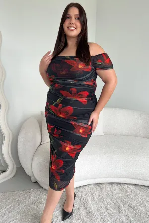 Red Floral Midi Dress Off Shoulder Ruched Mesh Southern Belle