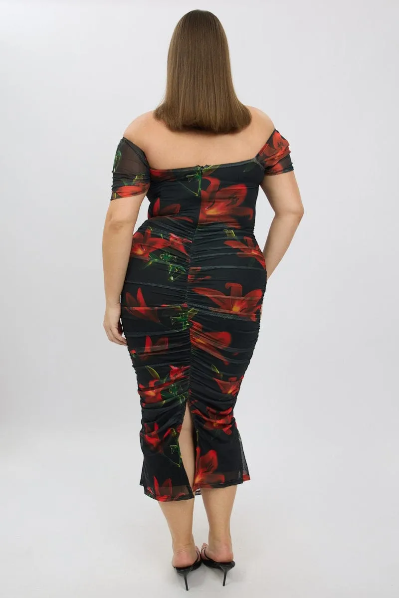Red Floral Midi Dress Off Shoulder Ruched Mesh Weekend Brunch