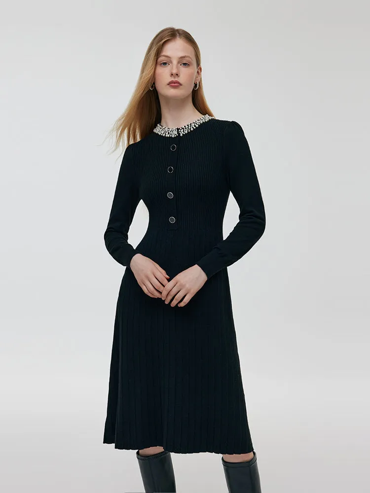 Dinner Date Urban Ease Wool Blend Beaded Neck Women Midi Dress