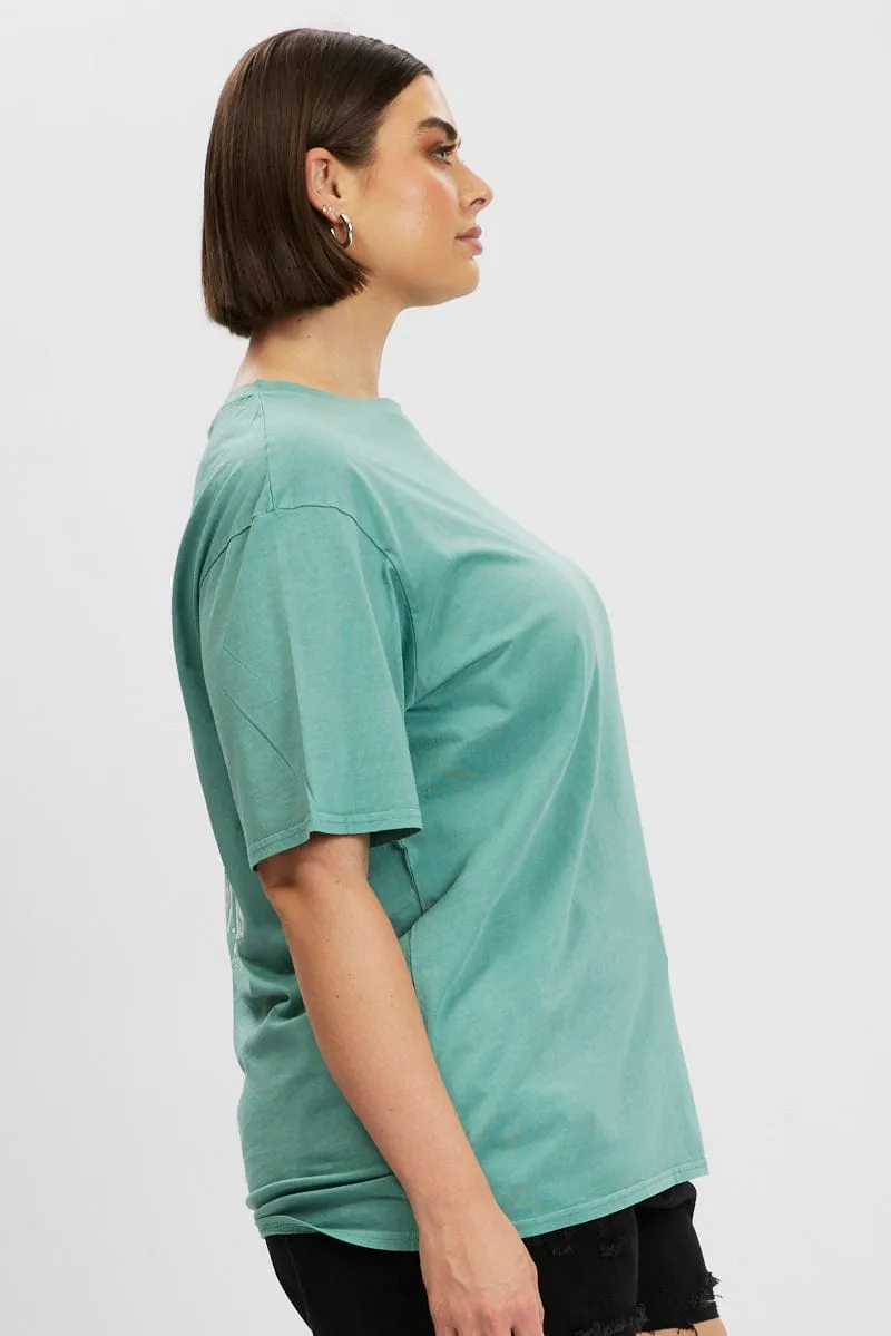 Minimalist Stitching Relax Trend Green Graphic T Shirt Short Sleeve Crew Neck