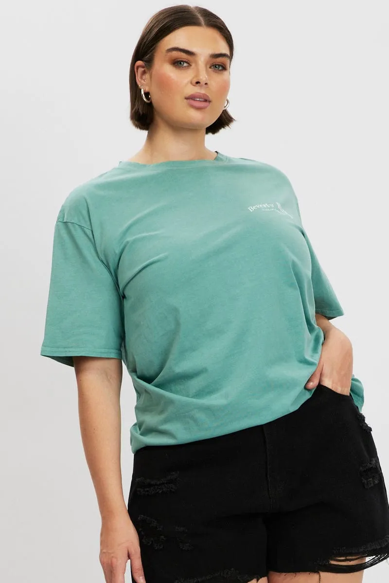 Anti Static Treatment Green Graphic T Shirt Short Sleeve Crew Neck
