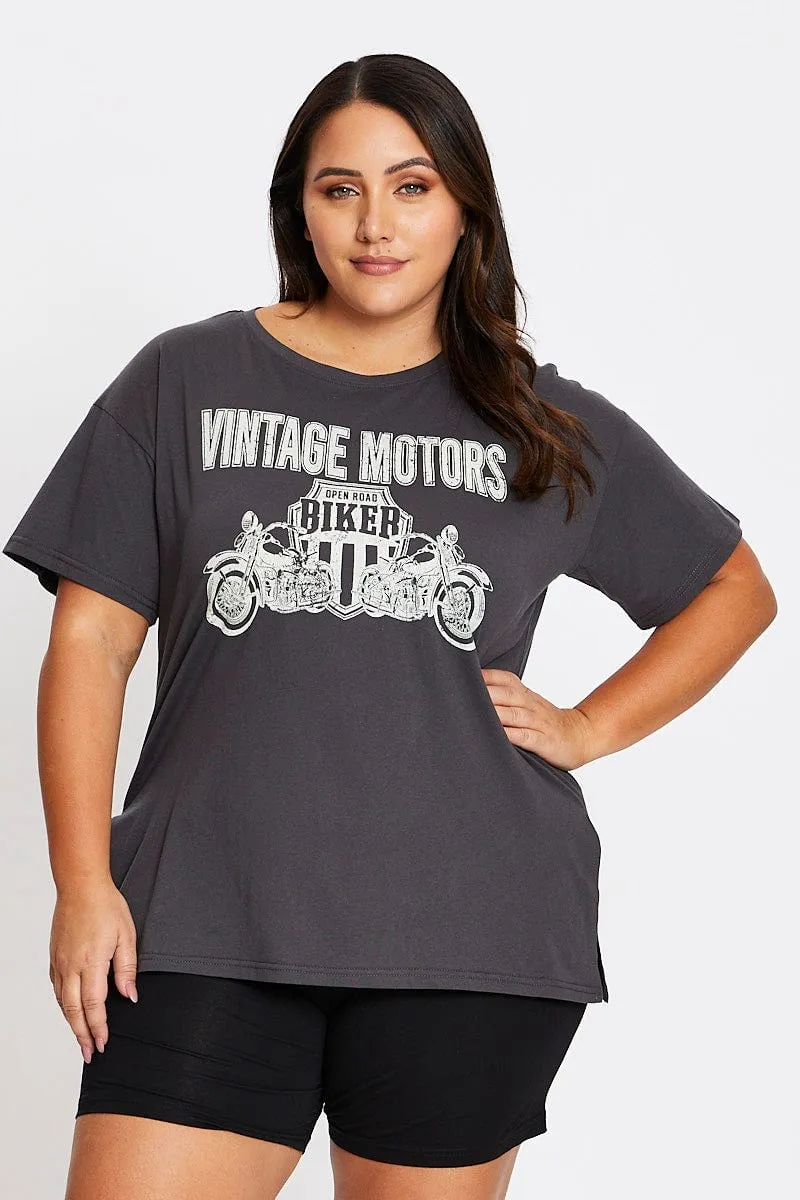 Grey Short Sleeve Vintage Bike Side Split T-shirt Hypoallergenic Fibers windproof