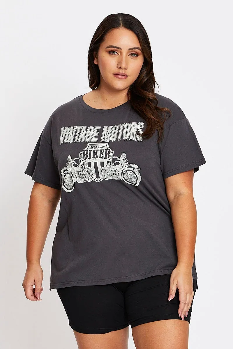 Grey Short Sleeve Vintage Bike Side Split T-shirt Breathable Yarn Composition Hygroscopic Fiber