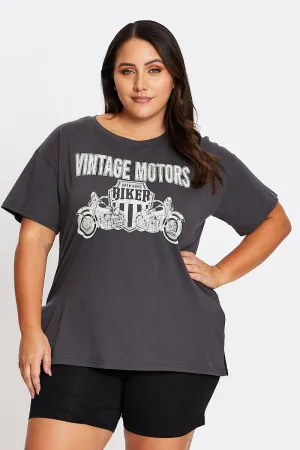 Grey Short Sleeve Vintage Bike Side Split T-shirt Hypoallergenic Fibers windproof