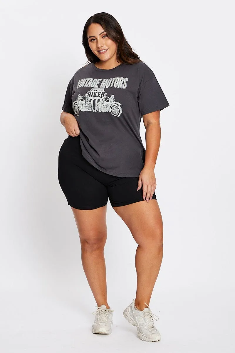 Comfortable texture Grey Short Sleeve Vintage Bike Side Split T-shirt