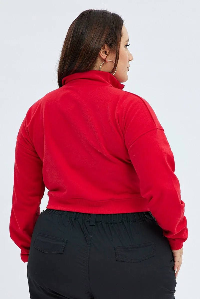 Red Cropped Sweatshirt Zip Up Varsity Fleece product eco friendliness level product sale