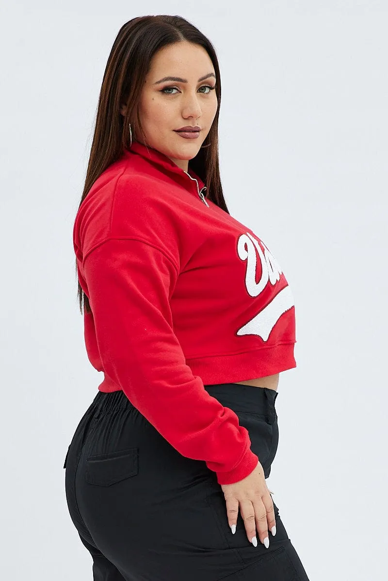 Red Cropped Sweatshirt Zip Up Varsity Fleece product ethnic authenticity