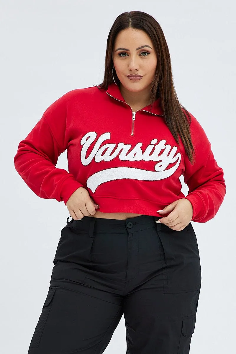 Red Cropped Sweatshirt Zip Up Varsity Fleece Cozy Wearable product sporty appeal