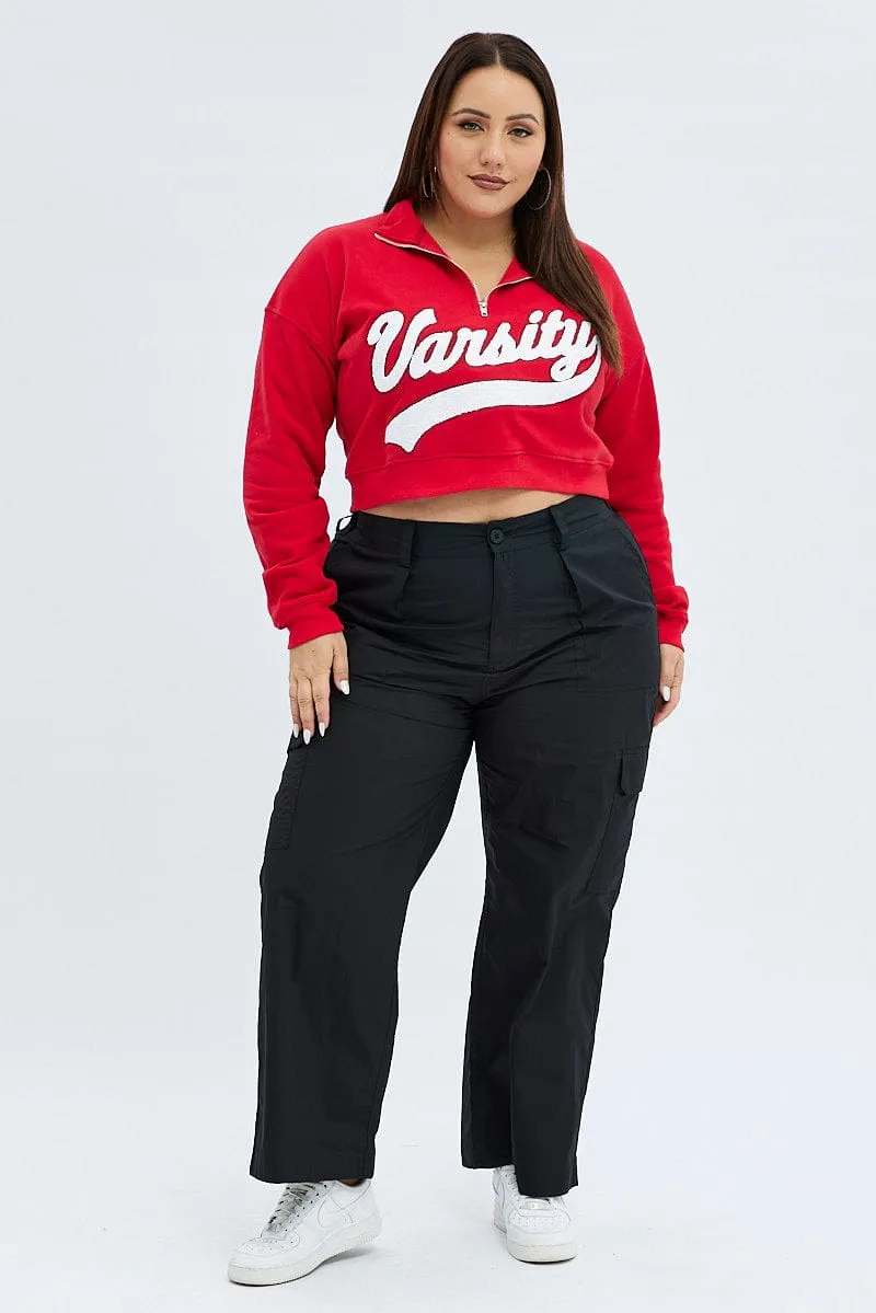 Red Cropped Sweatshirt Zip Up Varsity Fleece Daily Minimal