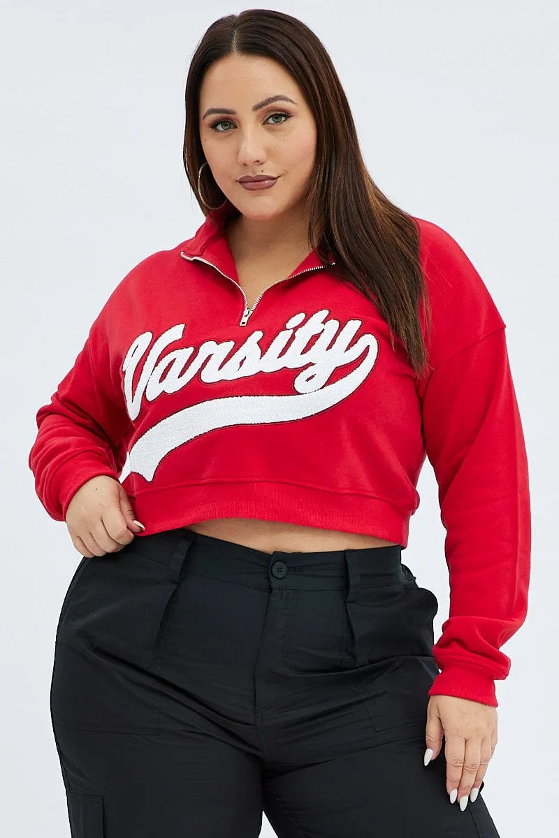 Warm Layers Red Cropped Sweatshirt Zip Up Varsity Fleece