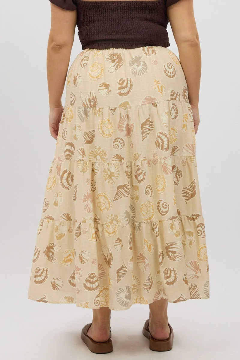 Beige Abstract Tiered Tie Waist Maxiskirt Tear Resistant Material