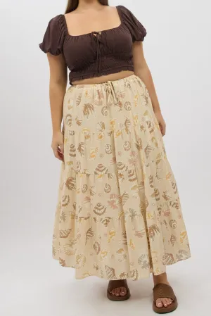 Beige Abstract Tiered Tie Waist Maxiskirt Breezy Mood