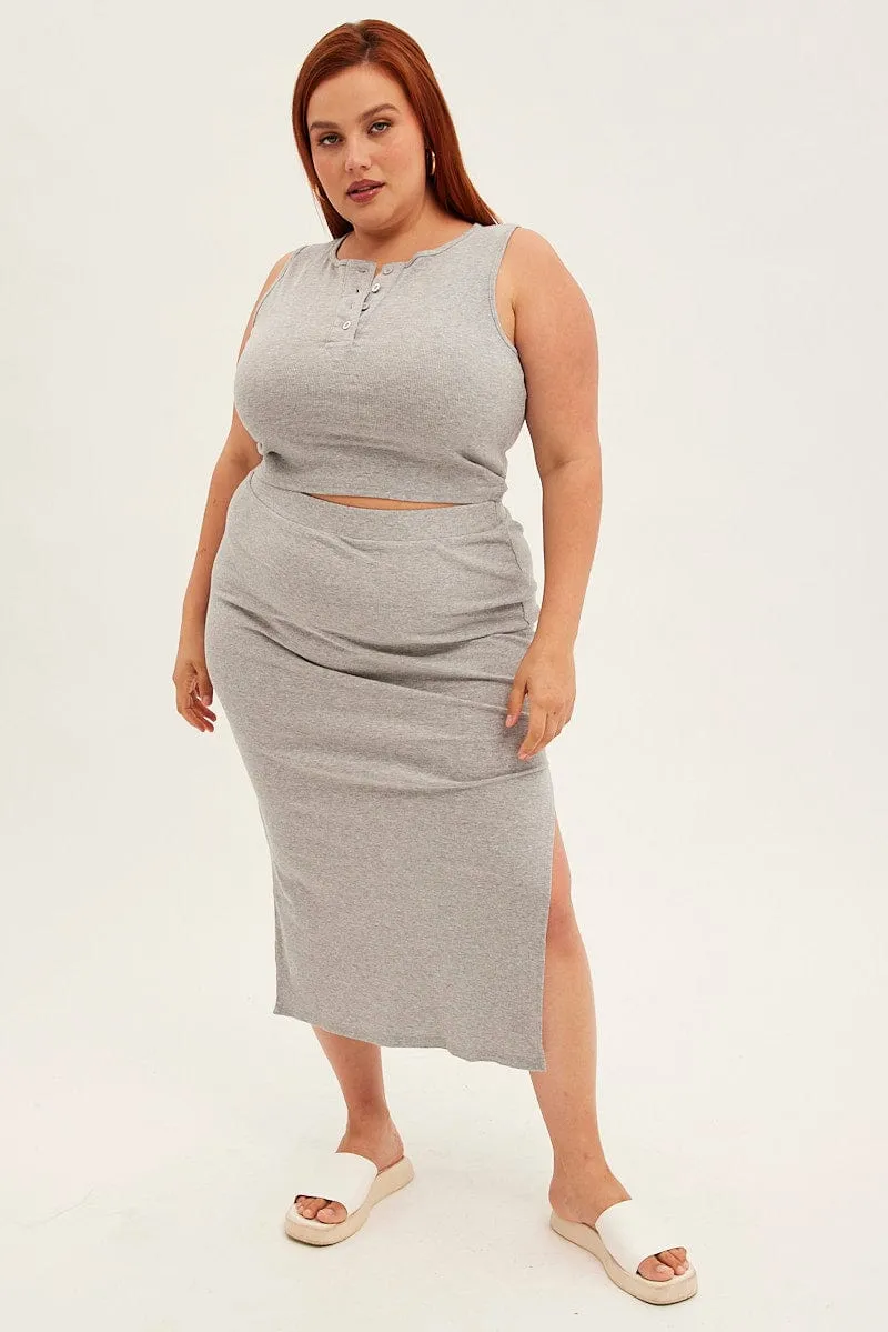 casual finish Anti Pilling Fabric Grey Midi Skirt Rib Elastic Waist Bodycon