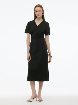 Elegant Vibe Tencel-blend Gathered Waist Women Tuck Detail Midi Knit Dress