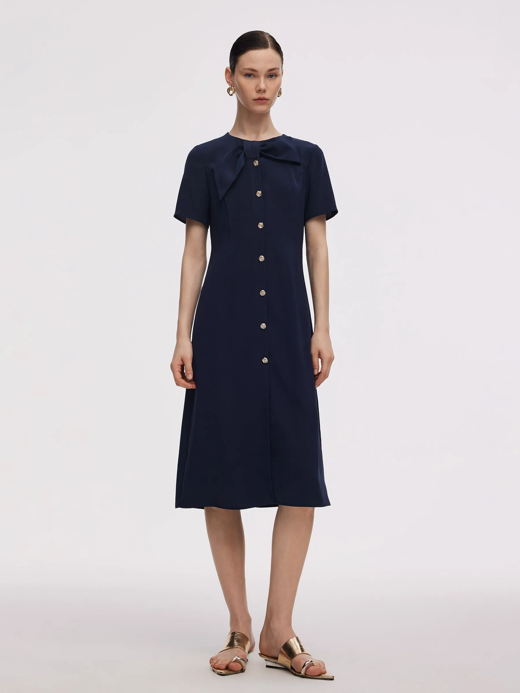 Easygoing Outfit Picnic Shade Triacetate Bowknot Women Gathered Waist Midi Dress