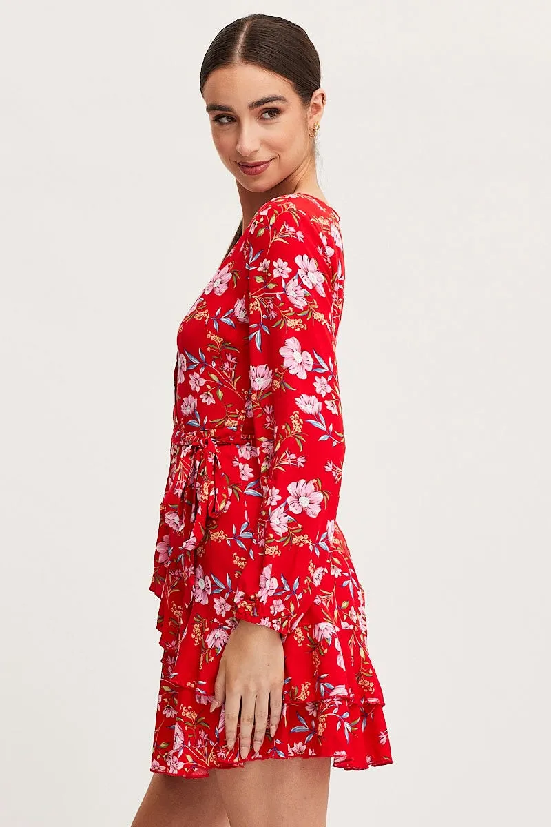 Stretchable Waistband Print Skater Dress Long Sleeve Mini