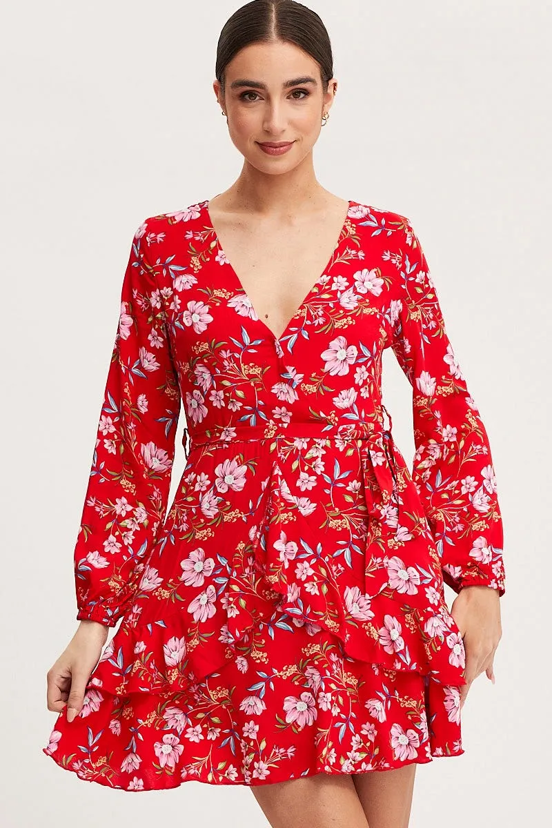 Red Flash Versatile Fashion Print Skater Dress Long Sleeve Mini