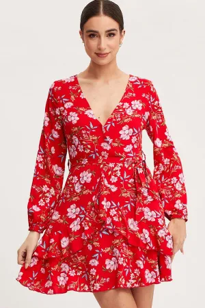 Red Flash Versatile Fashion Print Skater Dress Long Sleeve Mini