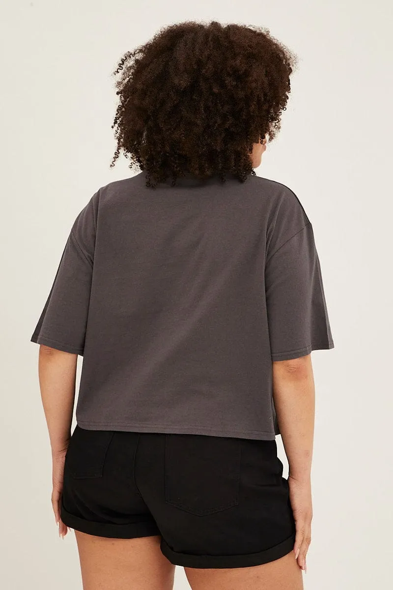 Grey Graphic T-shirt Crop California Dream Cotton Elegant and Relaxed
