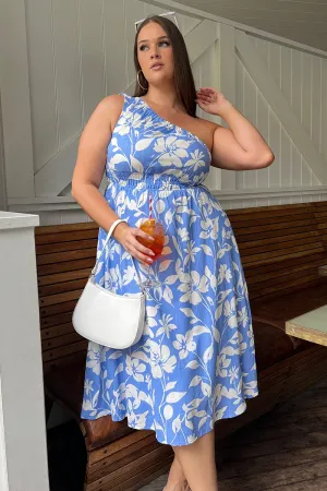 Blue Floral Midi Dress One Shoulder Linen Blend Effortless day-to-evening dress Sunrise Feel