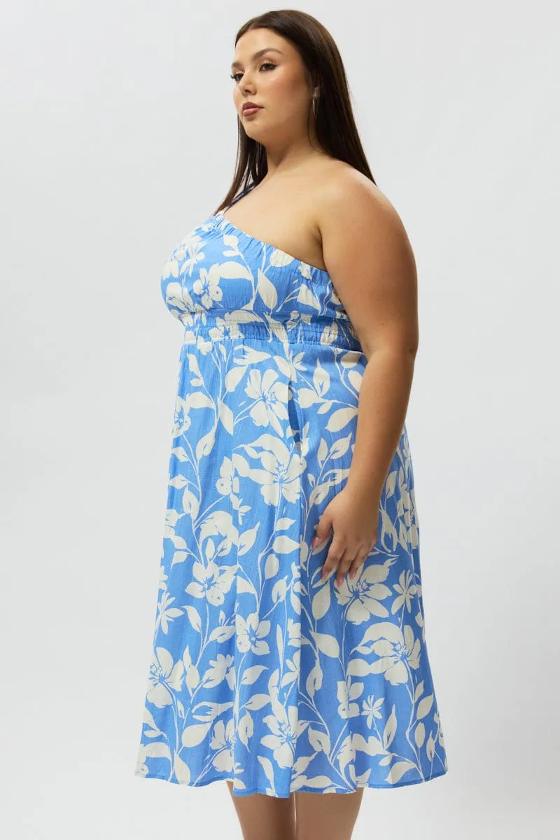 Wool Warm Blue Floral Midi Dress One Shoulder Linen Blend