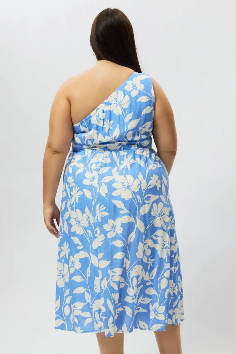 Blue Floral Midi Dress One Shoulder Linen Blend Windy Ready Storm Sky