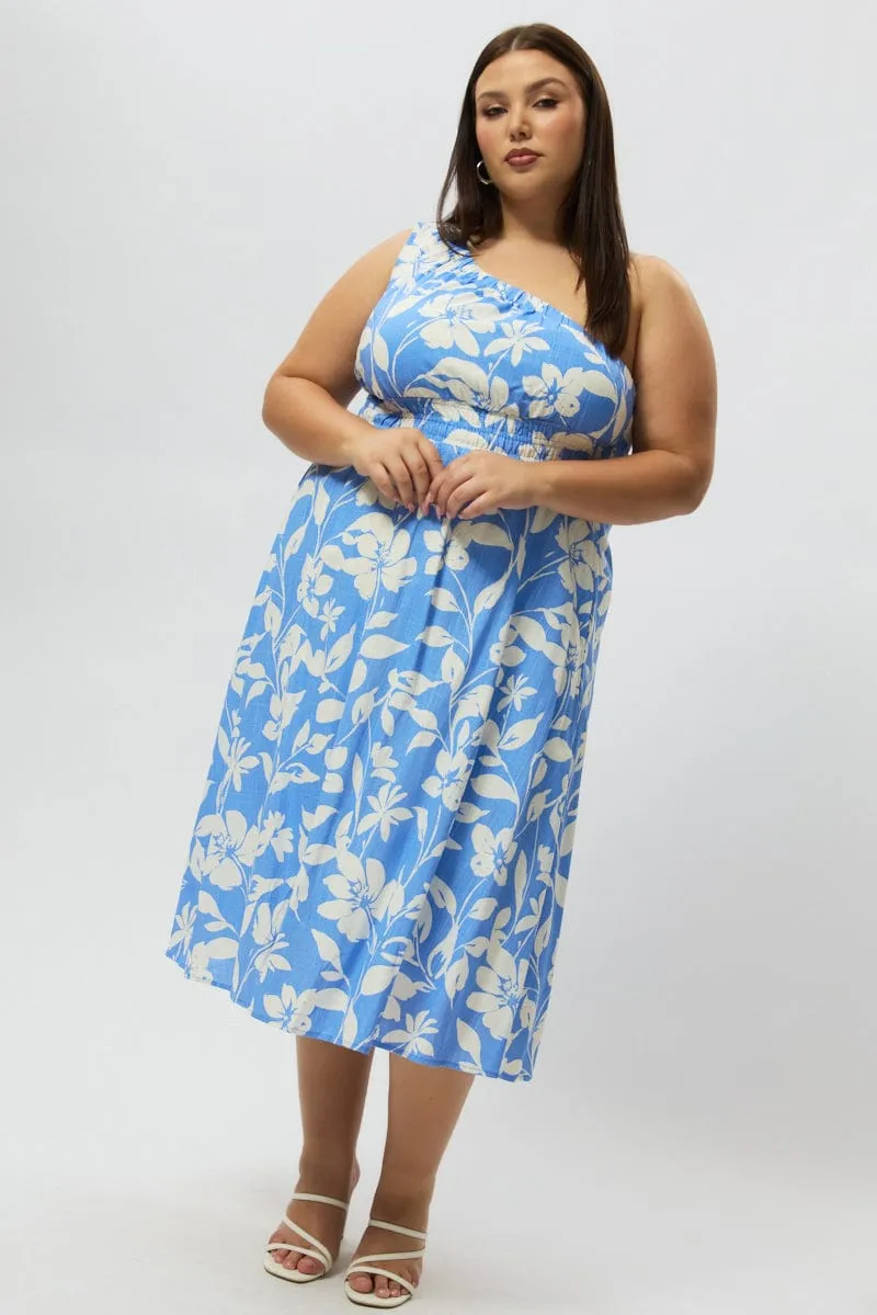 Blue Floral Midi Dress One Shoulder Linen Blend Crystal Light