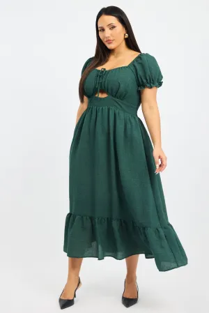 Chorus Night slow life Green Midi Dress Short Sleeve Cut Out Tiered