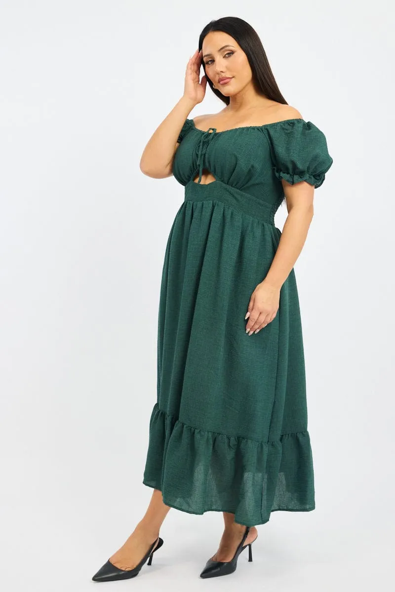 Low Maintenance Elegant Silhouette Green Midi Dress Short Sleeve Cut Out Tiered