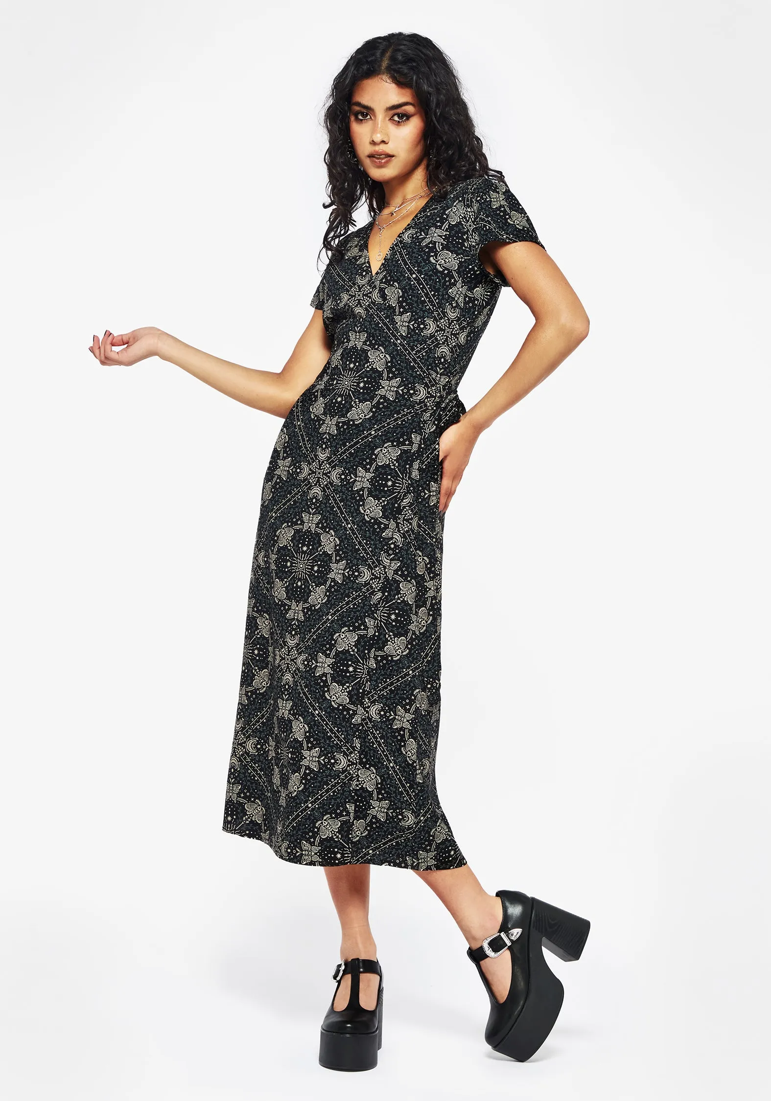 Chic Traveler subtle style Poem Moth Print Wrap Midi Dress