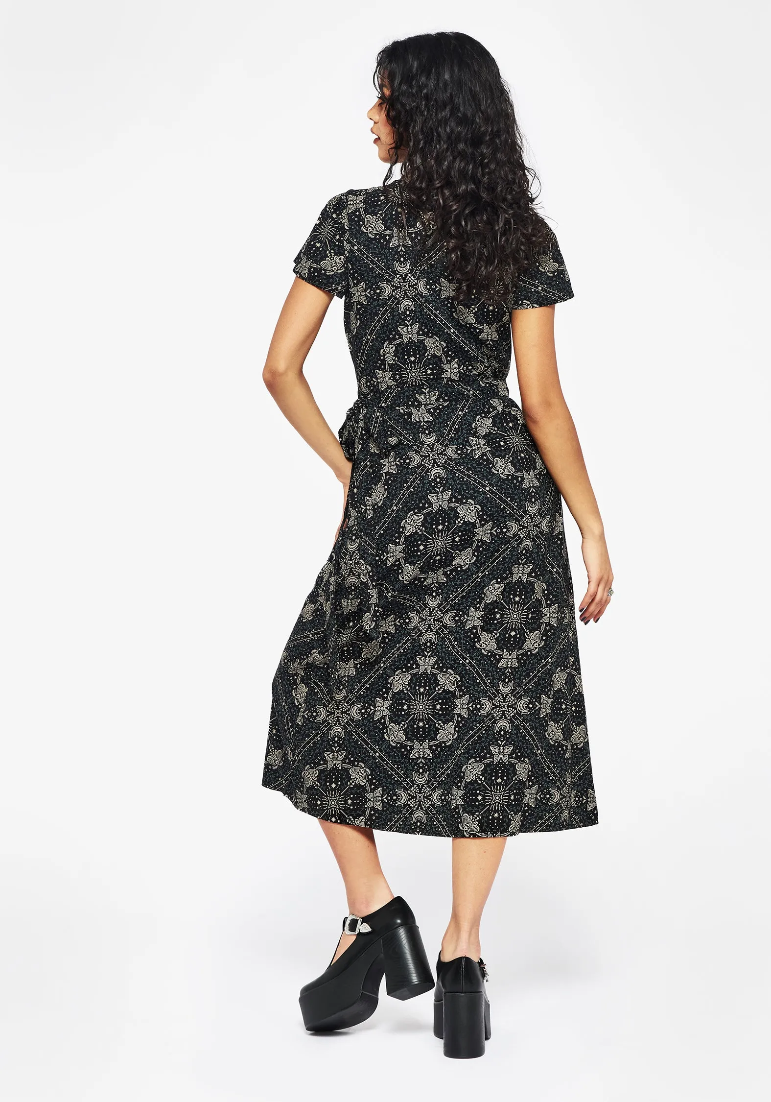 Feminine Energy Poem Moth Print Wrap Midi Dress