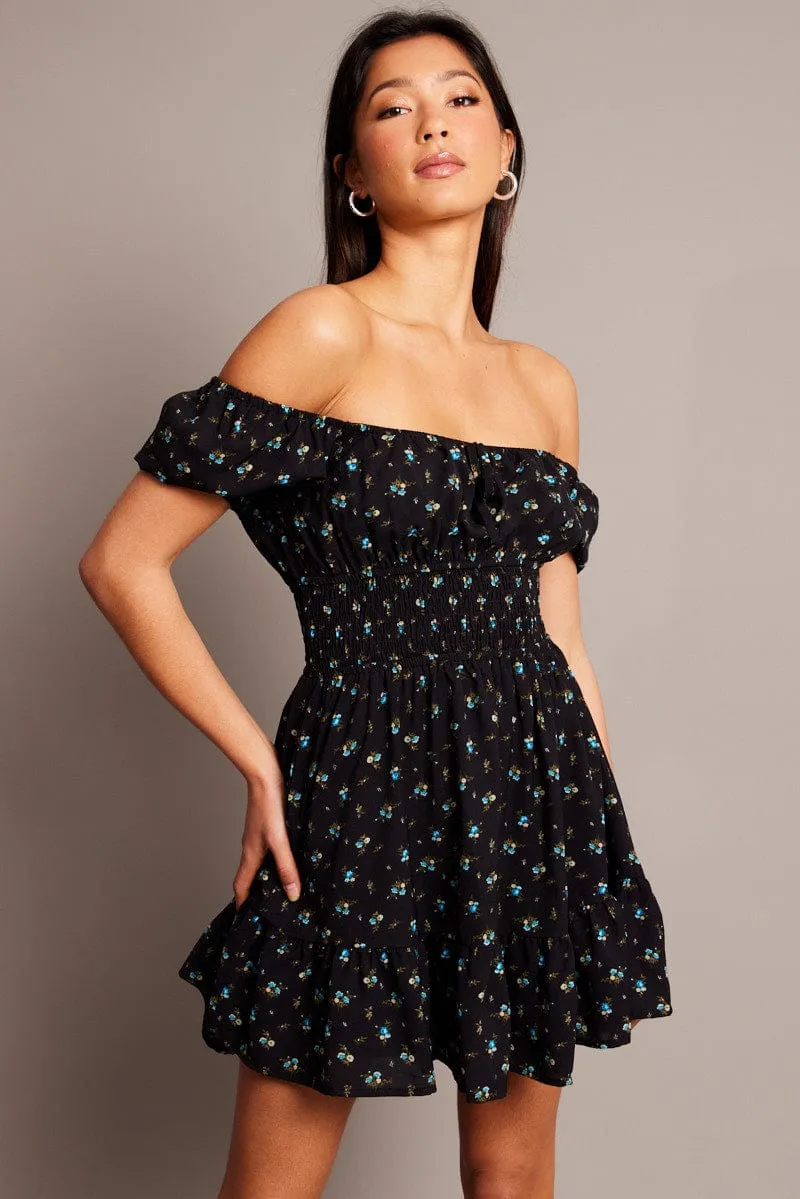 Black Ditsy Fit And Flare Dress Mini SweatWickingLining Chic Accessory