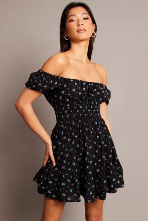 Black Ditsy Fit And Flare Dress Mini SweatWickingLining Chic Accessory