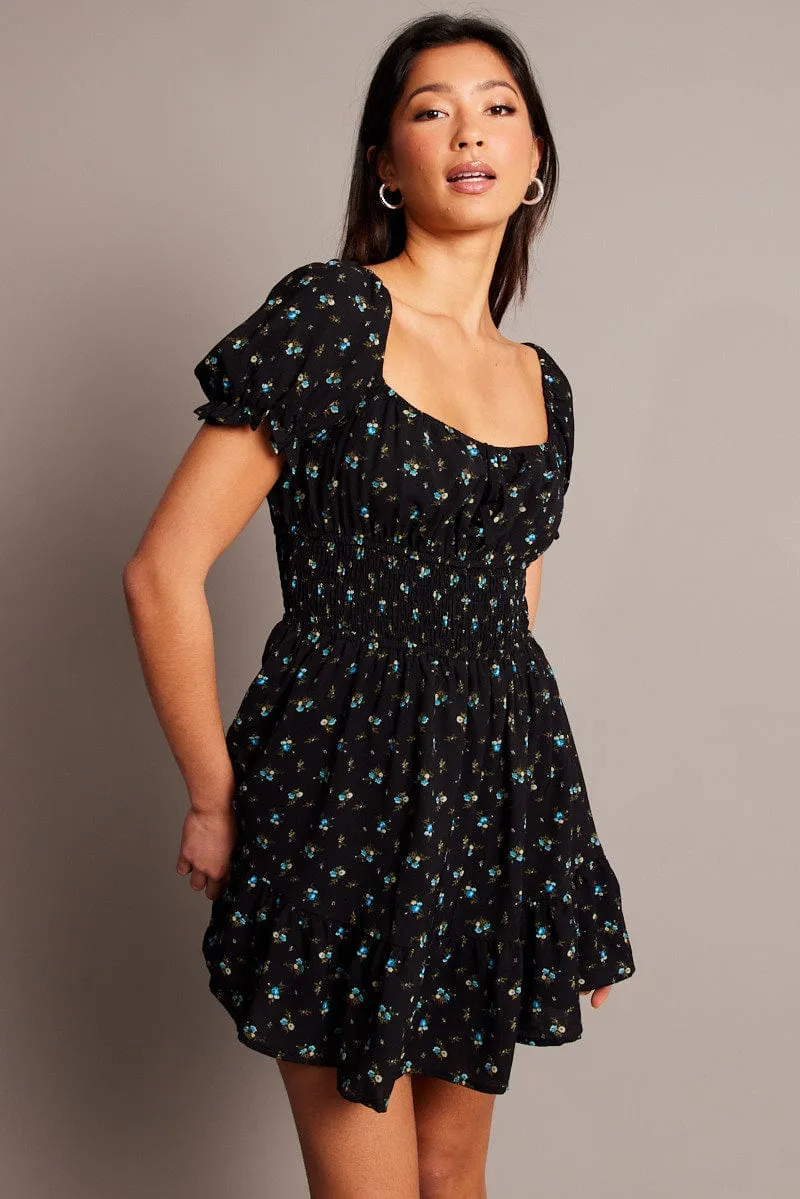 Black Ditsy Fit And Flare Dress Mini Relaxed Contour Fresh Edge