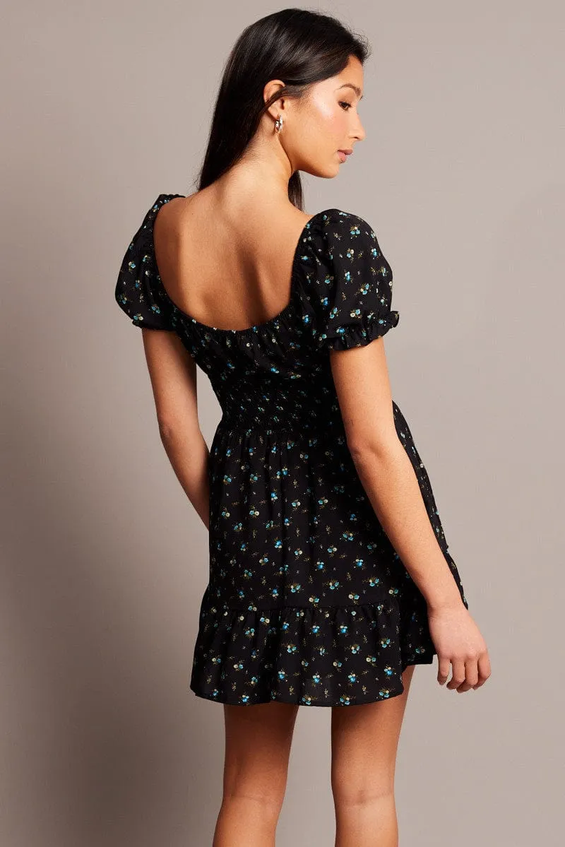 Black Ditsy Fit And Flare Dress Mini Party Light