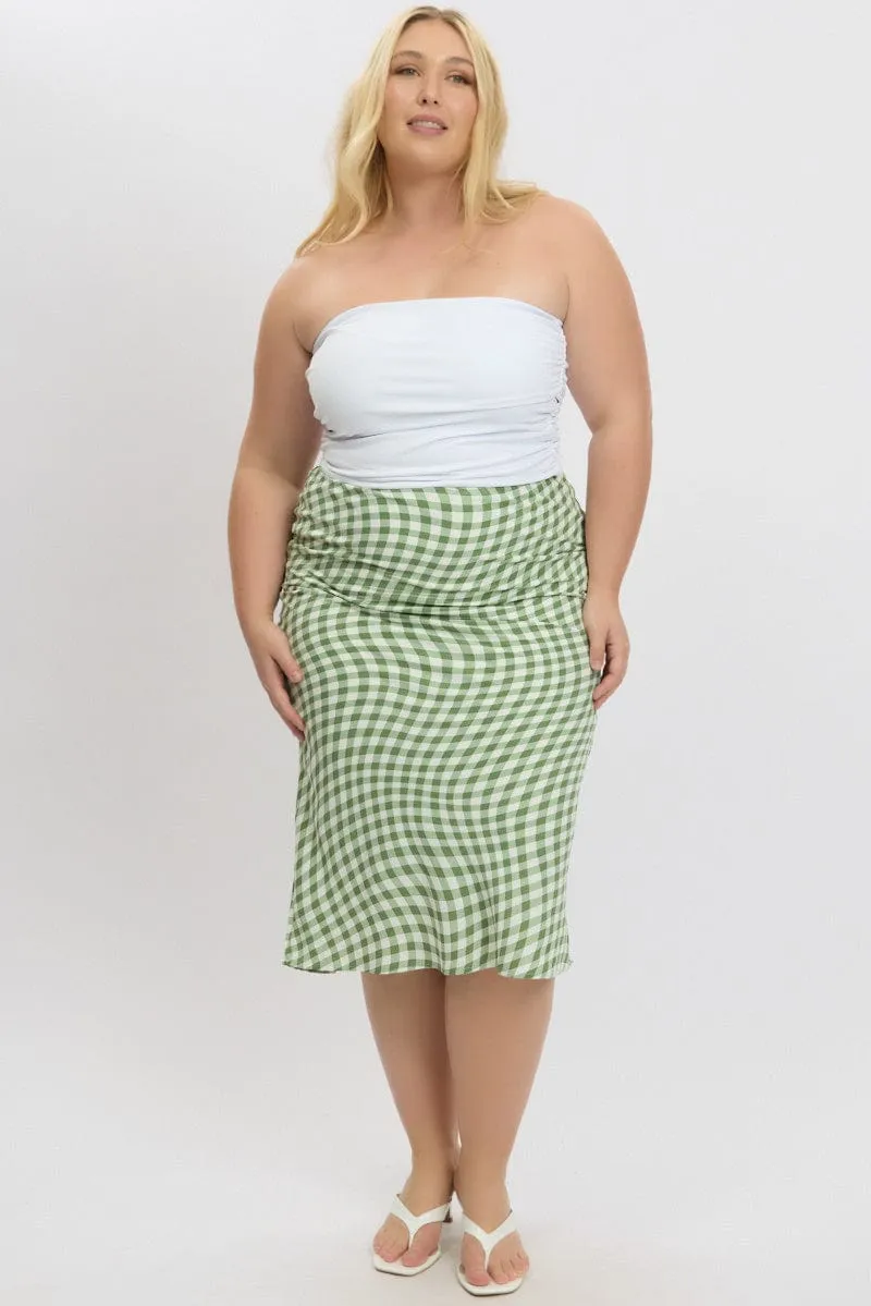 Contemporary Brand Heat Dissipating Fabric Green Check Elastic Waist Bias Maxiskirt