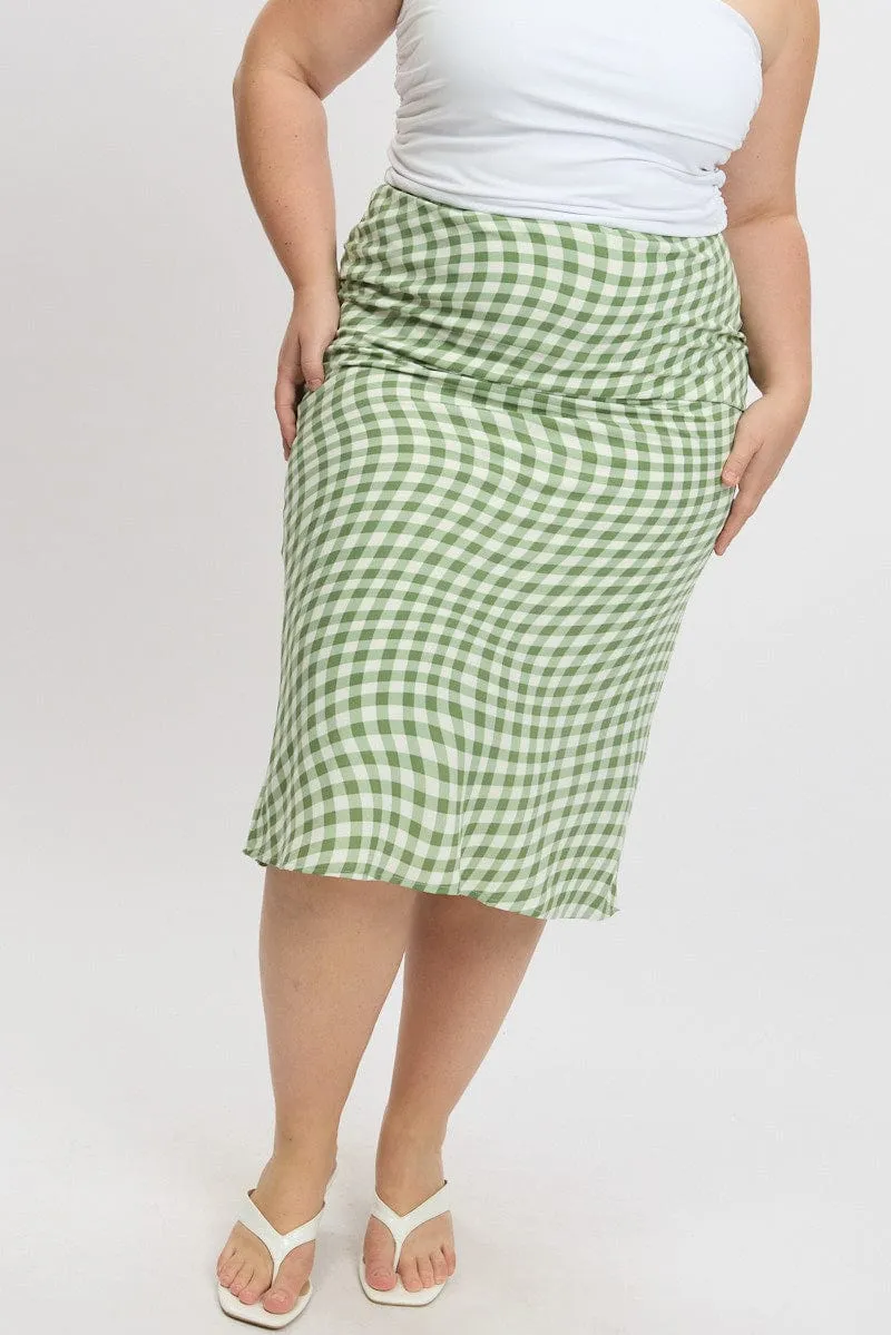 Durable Hem Green Check Elastic Waist Bias Maxiskirt