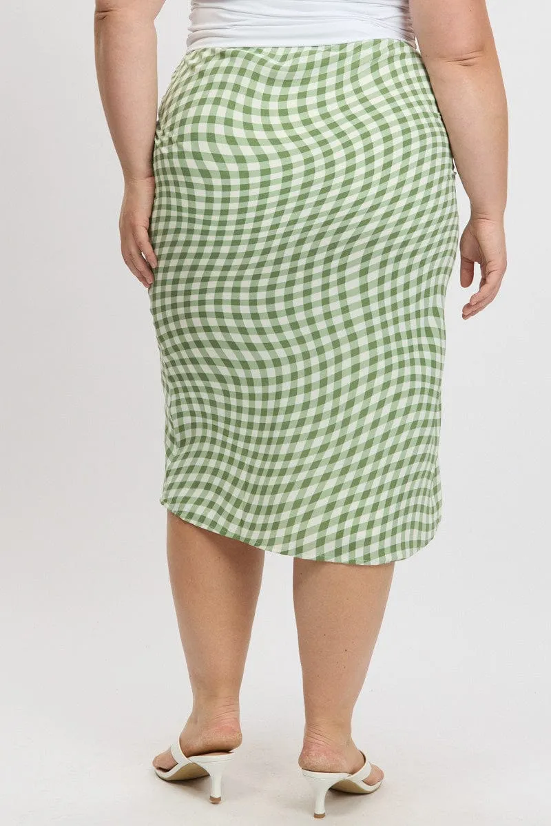 Green Check Elastic Waist Bias Maxiskirt Side Pockets Shape Enhancing